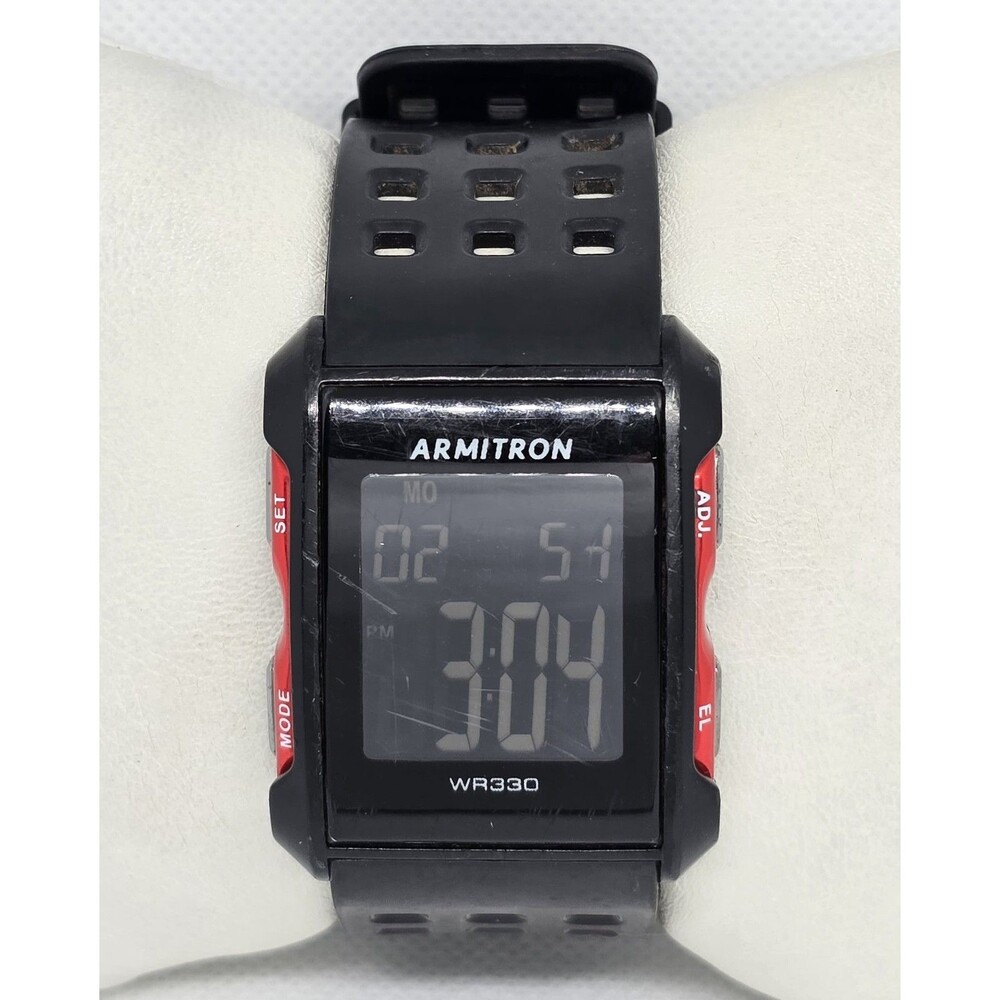 Men's Armitron Pro Sport WR330 Digital Black Red Alarm Chron Resin Band Watch 08
